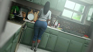 Japanese Stepmom Showing Big Boobs Cleavage While She Cooking In Kitchen
