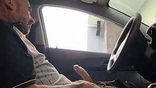 Risky Roadside Blowjob - Amateur Redhead MILF with Glasses Gives Handjob in Car at Beach