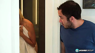 60 Year Old Blonde MILF Morgan Fucks Step-Son Hard in Bathroom - Big Tits & Facial Cumshot