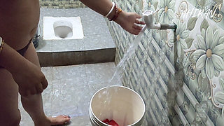 Asian indian village girl forplay with her boyfriend in bathroom. Washing clothes and review her pussy,boobs and white bra.