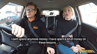 British blonde babe gets her tight pussy creampied in fake driving school