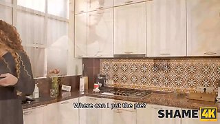 Shame4k. red haired with Curly Hair gives fresh neighbor pie and a blowjob