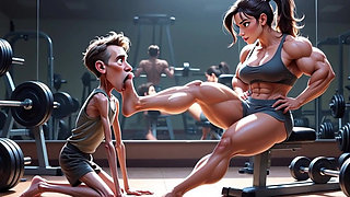 Muscular Woman Humiliates Skinny Man - Foot Worship Domination