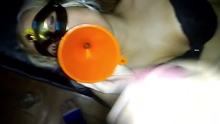 Sexy Blonde Swallows Milk With Funnel In Mouth With Hot Mommy