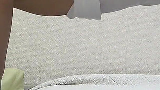 Inside Chubby Busty Girl's Room, a Girl Exercise in Sexy Mini Dress, Thong Panties, White Pantyhose in Girls' Apartment in Japan