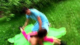 Small tit brunette sucks a big cock hardcore