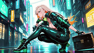 Neon Rain Night! Blonde Agent in Wet Leather Crouching Low, Holographic Glow & Cold Glances.