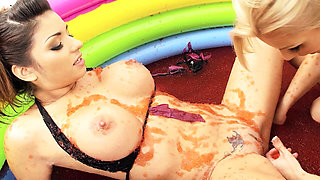 Lesb Pool_scene_2_lesbian MILF Couple in Bikinis Enjoy a Jelly Pool
