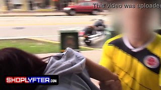 Shoplyfter dominates and dominates his submissive stepdaughter with his big titties & piercing