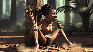 African Girl Bound in Rope Bondage - Hairy Wet Pussy Craving for Cock