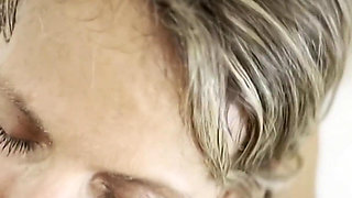 MILF gives blowjob gets massive cum and piss chaser