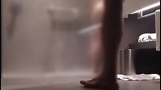 Married woman making out with her lover in the shower and receiving anal licking in front of the mirror.