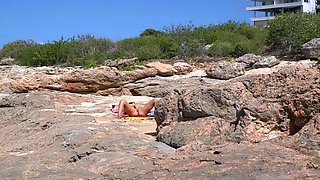 Amazing busty brunette slut doing blowjob outdoor