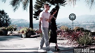 Full-bosomed gold digger fucks BF and stepdad