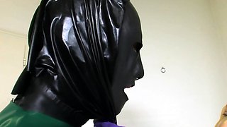 Amateur brunette in latex lingerie fucks hardcore in kitchen
