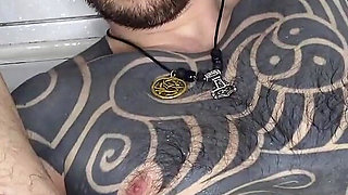 Bald Guy Taking Huge Dildo in the Ass in the Bathroom