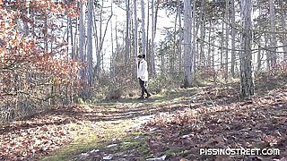 Outdoor pissing session with a long-legged brunette Alexa Throat