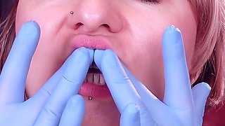 Face and Teeth Fetish Touch: Asmr Video in Blue Medical Mitrile Nurse Gloves. Arya Grander