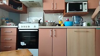 Hairy Brunette MILF with Big Tits and Ass - Sensual Kitchen Blowjob & Masturbation