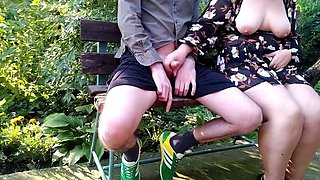 Horny MILF Mom with Big Natural Tits Gives Handjob Outdoor