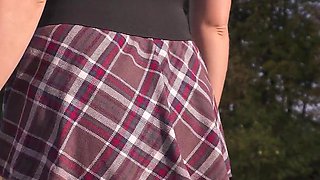 Student Girl Walks Outdoors and Flashing Full Back Panties Under Skirt