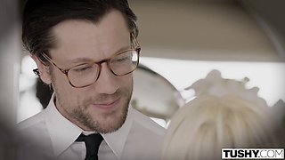 Splendid blonde has sensual and enthusiastic anal sex with a handsome and muscular guy