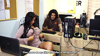 Brunette Big Ass Secretary Offers Her Help to the Bosss Stepson in the Office to Gain an Advantage