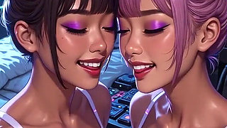 Cyberpunk Lesbians Tongue and Kiss Fetish, Ai Animation
