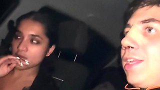 My busty wife gets horny in the car and gives me a blowjob