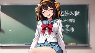 Haruhi Suzumiya (The Melancholy of Haruhi Suzumiya) 4on1 Gang-bang with Dual Foray in a College Classroom - AI Generation Assfuck