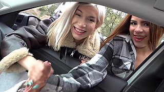 Two hot babes shared cock in the car with Michy Perez
