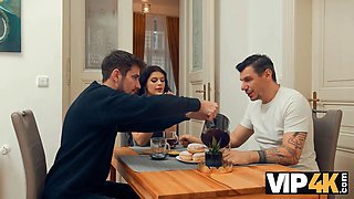 Vip4k. sexy brunette thinks that the whistle is a signal to fellate an older dick