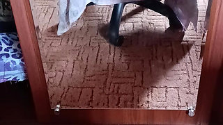 Alone at home in front of the mirror, POV masturbation with a dildo