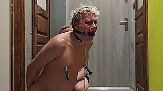 Femdom. Sex Slave of a Dominatrix. Handcuffed, His Dick Tied up, Toothpaste Smeared on It, and Covered in Urine.