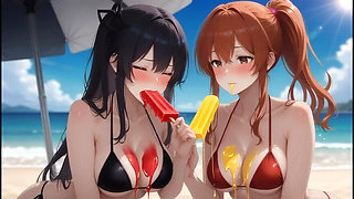 AI Gothic Beauty Meets Redhead Beauty - Beach Crossover (Eating Ice Pops)