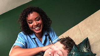 Nasty ebony nurse bends for patient