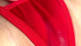 Blonde in Tiny Red Bikini Sucks Clear Dildo with Red Lips & Fucks Her Wet Pussy Hard