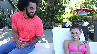 Skinny tattooed bitch Reyna Delacruz enjoys hardcore bareback sex by the pool