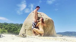 Skinny Brunette Magia Rosa Hides on Rio Beach for Outdoor Blowjob & Sex with Huge Cock