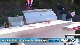 Stepmom & Stepdaughter Share Big Cock - Family BBQ Blowjob & Fucking