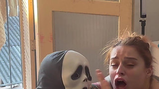 Mask Invades Tattooed Redhead: Rough Blowjob, Slap in the Face and Cum on the Face
