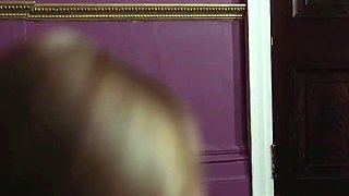 Blonde woman performs oral fuckfest while squatting