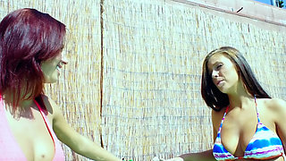 Naked on the Hot Pool Deck - Slim Brunettes Lick and Finger Each Other in the Midday Sun