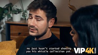Vip4k. sexy dark haired thinks that the whistle is a signal to blow an senior cock
