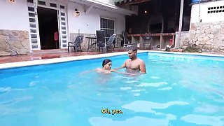 Step Dad Teaches Step Daughter to Swim Nude - She Sucks His Big Cock by the Pool