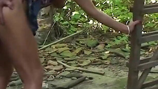 Glorious action with sexy brunette outdoors