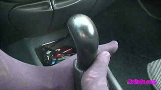 Nyllady's Footjob to Gearshift and Wheel in Patterned Pantyhose