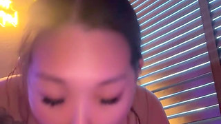 asian mistress gives sloppy dildo blowjob while girlfriend is at work