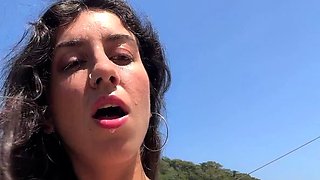 Walking with hot cum on my face on a public beach full of