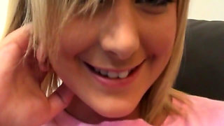 Blonde Stuffer Sucks Finger and Shows Pussy Closeup